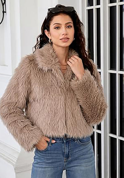 khaki Women's Solid Color Shaggy Faux Fur Jacket — Cropped Long Pile Coat with Lapel Collar, Hook Closure & Drop Shoulder