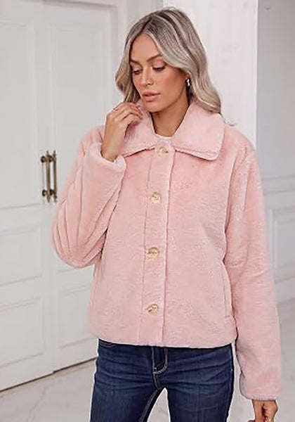 Pink Women's Cropped Fluffy Faux Fur Coat — Oversized Lapel Jacket with Button Down Closure & Warm Lining