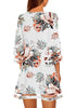 Floral Pirnt Brilliant White Women Casual Crewneck Mesh Panel 3/4 Bell Sleeve Loose Tunic Dress