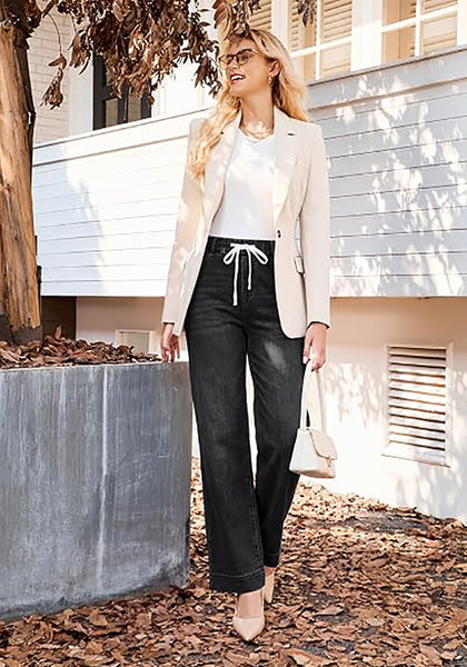 GRAPENT Women's High Rise Straight Wide Leg Jeans | Stretchy Denim, Elastic Waist, 29.5" Inseam, Work & Casual Daily Wear