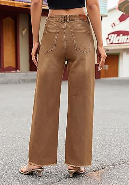Golden Brown Women's High Waisted Wide Leg Jeans by luvamia — Stretchy 90s Baggy Straight Denim, Raw Hem, Button Front, 29.5" Inseam, Casual Western Work Pants
