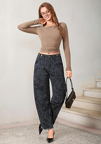 GRAPENT Women's High Rise Leopard Barrel Jeans | Leopard Print Denim, Adjustable Cinched Waist, Frayed Hem, 28" Inseam, Country Concert Casual Work Wear