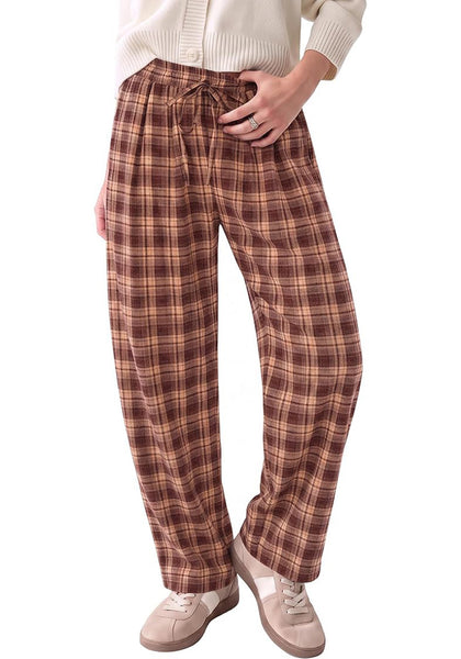 GRAPENT Women's High Waisted Plaid Barrel Pants | Tapered Wide Leg, Elastic Drawstring Waist, Front Pockets, Work Office Casual Fall Outfits