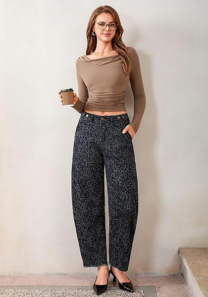 GRAPENT Women's High Rise Leopard Barrel Jeans | Leopard Print Denim, Adjustable Cinched Waist, Frayed Hem, 28" Inseam, Country Concert Casual Work Wear