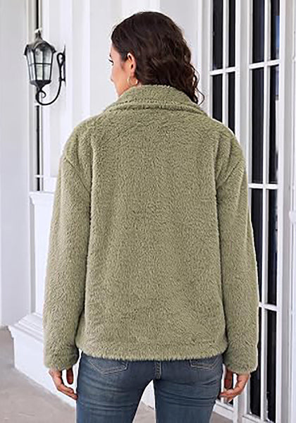 Bean Green Wide Lapel Faux Fur Coat for Women — Oversized Dropped Shoulder Jacket with Side Pockets & Snap Buttons