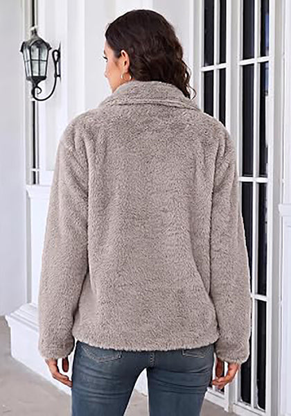 Light Gray Wide Lapel Faux Fur Coat for Women — Oversized Dropped Shoulder Jacket with Side Pockets & Snap Buttons
