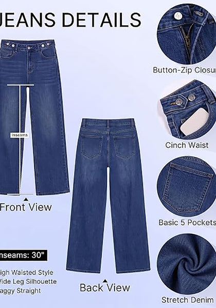 GRAPENT Women's High Rise Wide Leg Jeans | Stretchy Denim, Adjustable Cinch Waist, 30" Inseam, 90s Baggy Straight, Everyday Dressy Casual