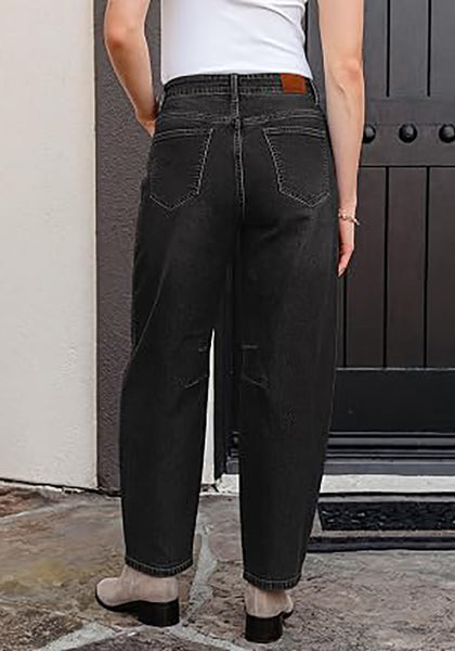 Washed Black Barrel Jeans for Women High Waisted Baggy Drawstring Wide Leg Denim Pants Stretchy Ankle Length 27.5 Inseam Casual Trendy