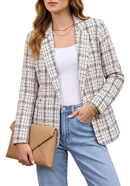 GRAPENT Women's Tweed Plaid Blazer | Notched Lapel, Fully Lined, Shoulder Pads, Single Button, 2 Pockets, Interview Office Business Casual