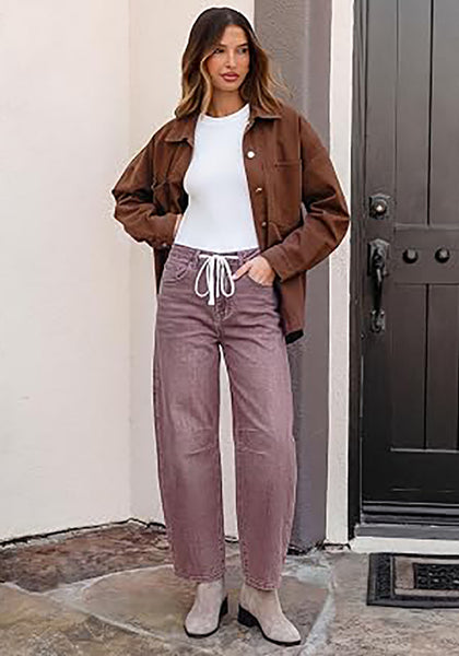 Pecan Brown Barrel Jeans for Women High Waisted Baggy Drawstring Wide Leg Denim Pants Stretchy Ankle Length 27.5 Inseam Casual Trendy