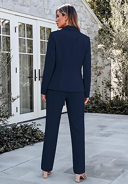 Navy Blue Women's Elegant Business Pantsuit — Single Button Blazer & High Waisted Pants with Adjustable Waistband