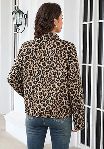 Sand Leopard Women's Leopard Print Bomber Jacket — Oversized Brushed Wool Blend Cheetah Jacket with Stand Collar, Snap Buttons & Elastic Hem