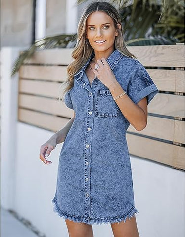 Reef Blue - Acid Wash Women's Denim Jean Dress Button Down Frayed Hem Jean Short Dresses With Pockets