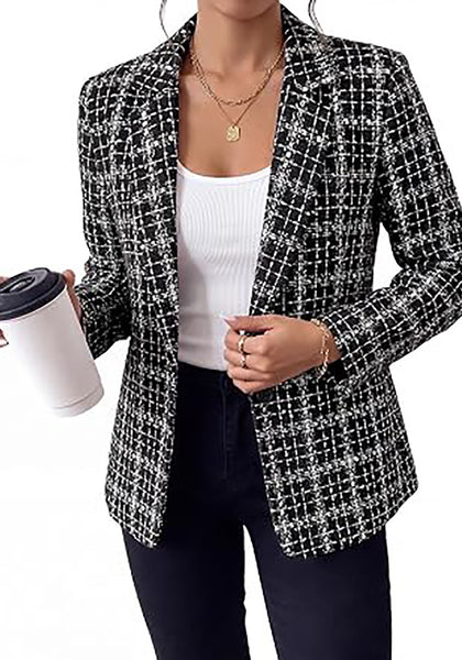 Black &White Women's Plaid Tweed Work Blazer | Long Sleeve Notched Lapel Jacket, Fully Lined, Shoulder Pads, Single Button, 2 Pockets – Office, Interview, Business Casual