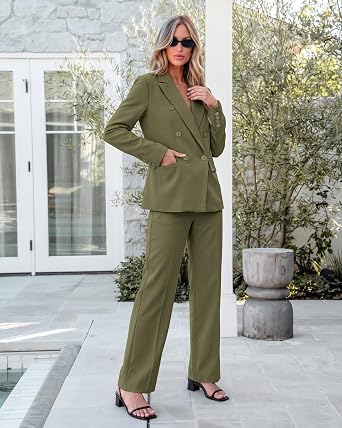 Olive Green Women's 2 Piece Double Breasted Pantsuit — Double Breasted, Wide Leg & Structured Shoulders, Professional Dressy Pantsuit Set, Office Chic, 2026 Fall Fashion