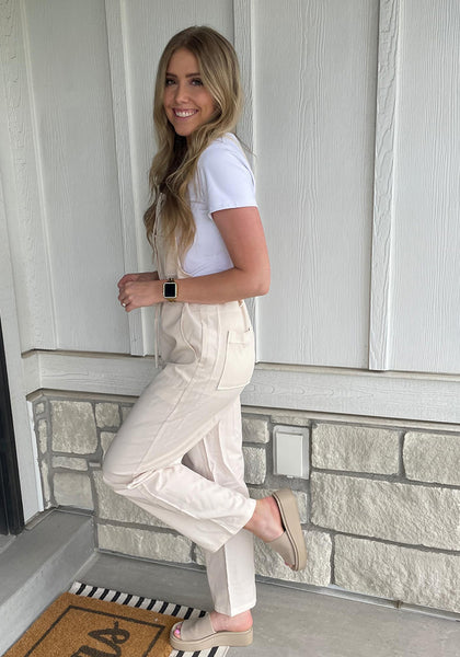 Pearled Ivory Women's Button Down Pocket Straight Leg Vintage Casual Overalls