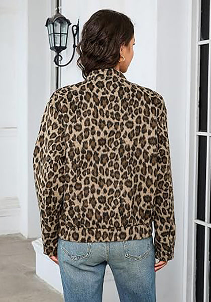 Khaki Leopard Women's Leopard Print Bomber Jacket — Oversized Brushed Wool Blend Cheetah Jacket with Stand Collar, Snap Buttons & Elastic Hem