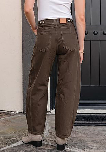 Dark Brown Women's Trendy Barrel Jeans — High Waisted Baggy Wide Leg Denim Pants with Cinched Waist, Front Seam & Ankle Length