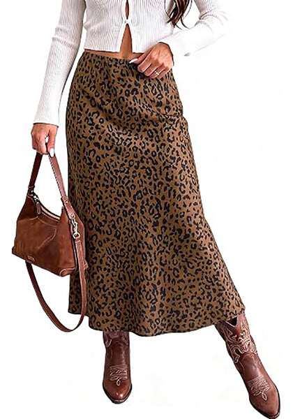 Dark Brown Cheetah Women's Leopard Print Satin Maxi Skirt — High Waisted Bias Cut A Line Slip Skirt with Stretchy Elastic Waistband