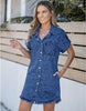 Wishful Blue Women's Denim Jean Dress Button Down Frayed Hem Jean Short Dresses With Pockets