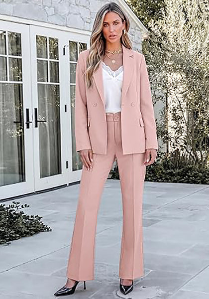 Peach Blush Women's 2 Piece Blazer Pants Suit, Business Casual Long Sleeve Belted Double Breasted Blazer & Elastic High Waisted Flared Pants Set, Dressy Office Work Outfits
