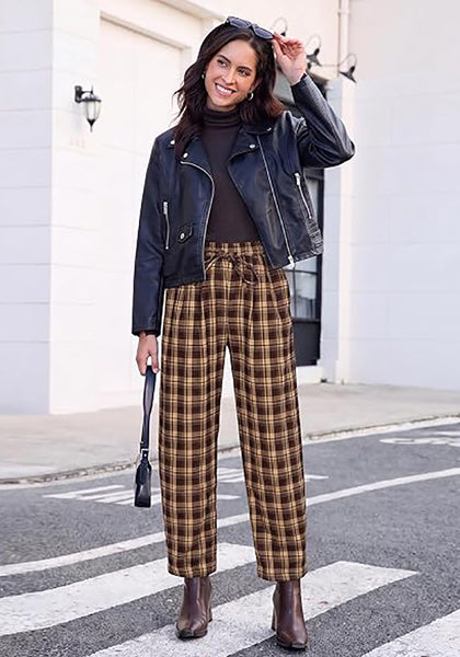 GRAPENT Women's High Waisted Plaid Barrel Pants | Tapered Wide Leg, Elastic Drawstring Waist, Front Pockets, Work Office Casual Fall Outfits