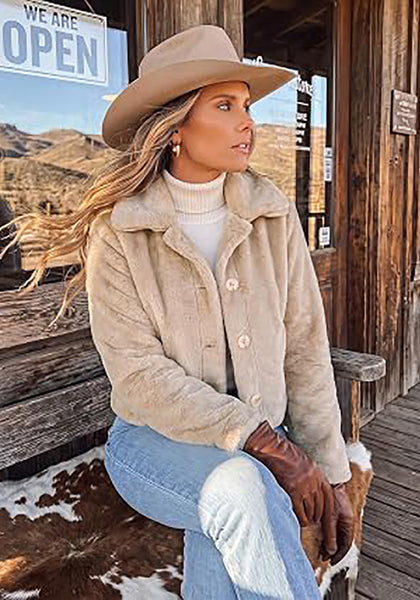 Beige Women's Cropped Fluffy Faux Fur Coat — Oversized Lapel Jacket with Button Down Closure & Warm Lining