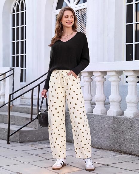 GRAPENT Women's High Rise Polka Dot Barrel Jeans | Stretch Denim, Elastic Drawstring Waist, 27" Inseam, Cropped, Dressy Casual Daily Wear