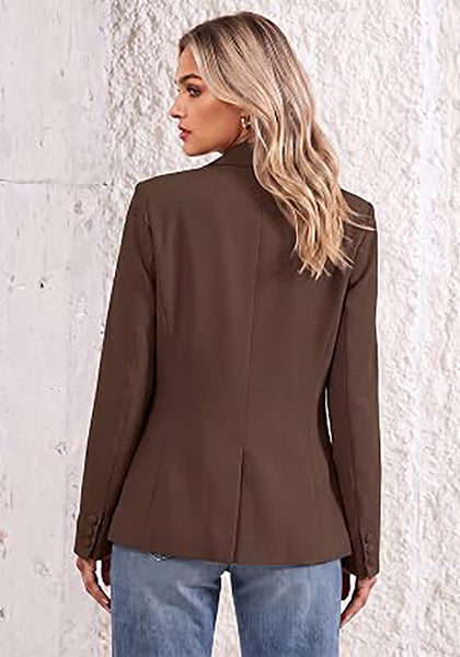 Coffee Brown Women's Notched Lapel Blazer, Single Button Shoulder Pads Suit Jacket, Long Sleeve Business Casual Work Office Blazer with Pockets & Back Slit