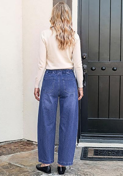 GRAPENT Women's High Waisted Baggy Barrel Jeans | Stretchy Denim, Elastic Drawstring Waist, Pull On, 27.5" Inseam, Ankle Length, Dressy Casual Outfits