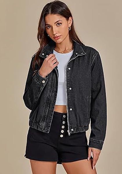Washed Black Women's Funnel Neck Denim Jacket — Oversized Zip Up Jean Jacket with Drop Shoulder, Elastic Hem & Side Slant Pockets