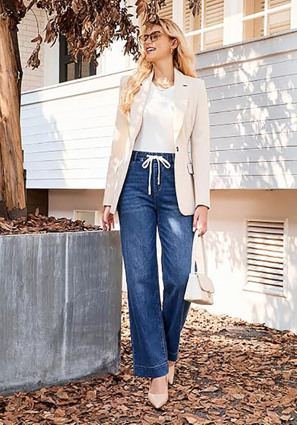 GRAPENT Women's High Rise Straight Wide Leg Jeans | Stretchy Denim, Elastic Waist, 29.5" Inseam, Work & Casual Daily Wear