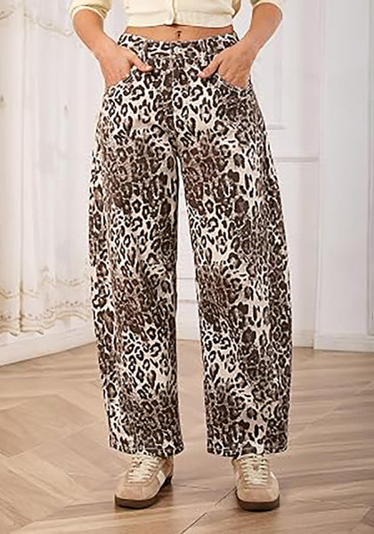 Sand Leopard Women's Trendy Leopard Barrel Jeans — High Waisted Baggy Wide Leg Stretchy Denim Pants with Front Seam & Ankle Length