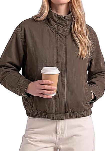 Chocolate Brown Women's Funnel Neck Denim Jacket — Oversized Zip Up Jean Jacket with Drop Shoulder, Elastic Hem & Side Slant Pockets