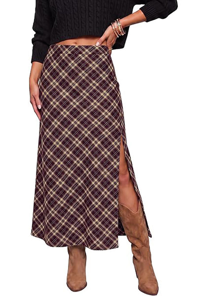 Wine Red & Khaki Women's Trendy Plaid Maxi Skirt — High Waisted A Line Long Skirt with Side Slit, Vintage Pattern & Back Elastic Waist