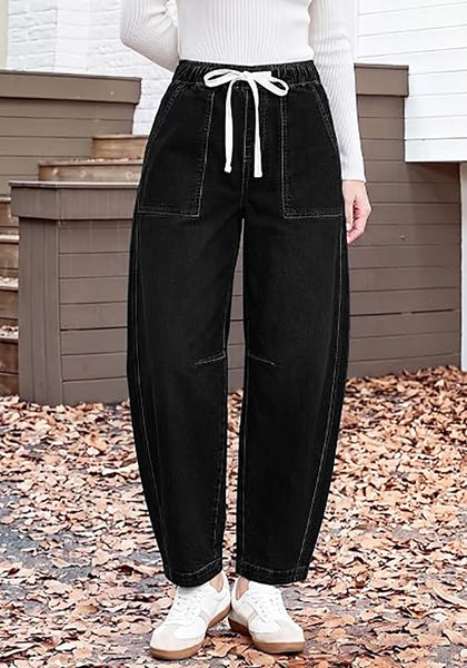 GRAPENT Women's High Waisted Baggy Barrel Jeans | Stretchy Denim, Elastic Drawstring Waist, Pull On, 27.5" Inseam, Ankle Length, Dressy Casual Outfits