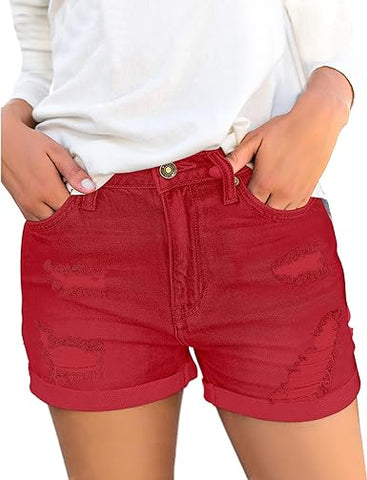LookbookStore Women's High Waisted Rolled Hem Distressed Jeans Ripped Denim Shorts
