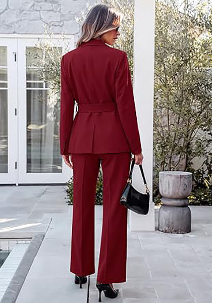 Wine Red Women's 2 Piece Blazer Pants Suit, Business Casual Long Sleeve Belted Double Breasted Blazer & Elastic High Waisted Flared Pants Set, Dressy Office Work Outfits