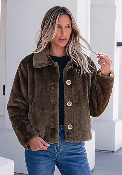 Brown Women's Cropped Fluffy Faux Fur Coat — Oversized Lapel Jacket with Button Down Closure & Warm Lining