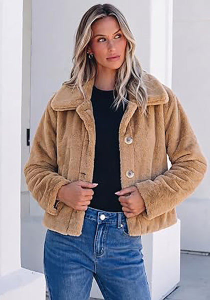 Khaki Women's Cropped Fluffy Faux Fur Coat — Oversized Lapel Jacket with Button Down Closure & Warm Lining
