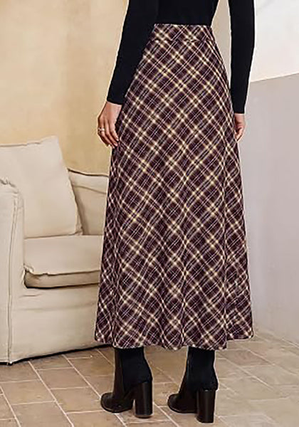 Wine Red & Khaki Women's Trendy Plaid Maxi Skirt — High Waisted A Line Long Skirt with Side Slit, Vintage Pattern & Back Elastic Waist