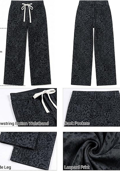 GRAPENT Women's High Waisted Wide Leg Leopard Jeans | Leopard Print Denim, Drawstring Waist, Loose Straight Leg, 28" Inseam, Dressy Casual Everyday Wear
