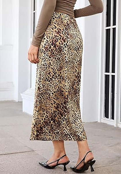 Brown Cheetah Women's Leopard Print Satin Maxi Skirt — High Waisted Bias Cut A Line Slip Skirt with Stretchy Elastic Waistband