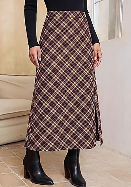 Wine Red & Khaki Women's Trendy Plaid Maxi Skirt — High Waisted A Line Long Skirt with Side Slit, Vintage Pattern & Back Elastic Waist