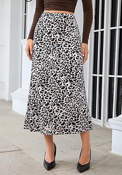 Black & White Leopard Women's Leopard Print Satin Maxi Skirt — High Waisted Bias Cut A Line Slip Skirt with Stretchy Elastic Waistband
