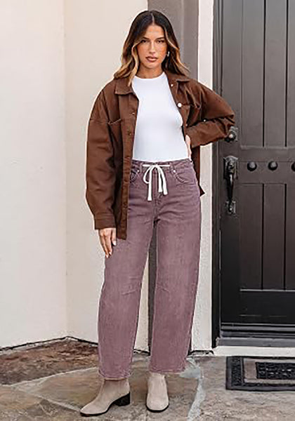 Pecan Brown Barrel Jeans for Women High Waisted Baggy Drawstring Wide Leg Denim Pants Stretchy Ankle Length 27.5 Inseam Casual Trendy