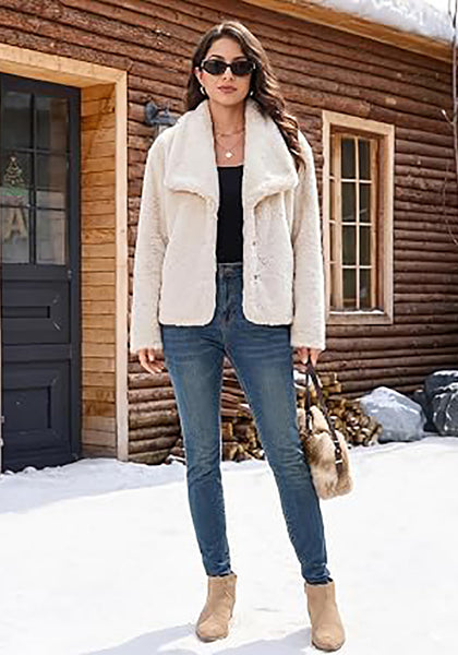 Cloud Cream Wide Lapel Faux Fur Coat for Women — Oversized Dropped Shoulder Jacket with Side Pockets & Snap Buttons