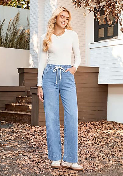 GRAPENT Women's High Rise Straight Wide Leg Jeans | Stretchy Denim, Elastic Waist, 29.5" Inseam, Work & Casual Daily Wear