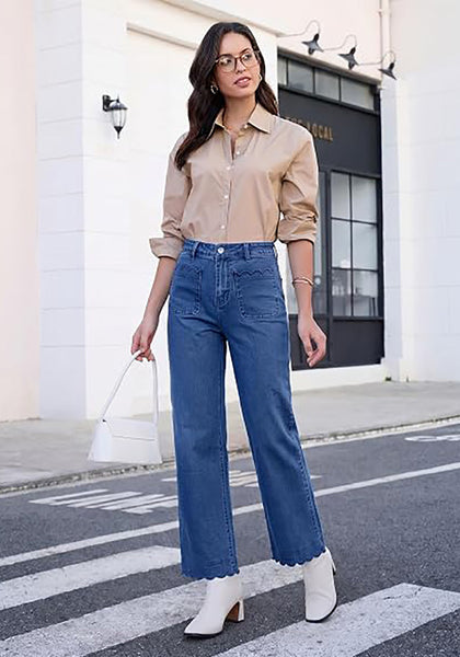GRAPENT Women's High Waisted Scalloped Ankle Jeans | Stretchy Denim, Straight Wide Leg, 27.5" Inseam, Patched Pockets, Work Office Dressy Casual