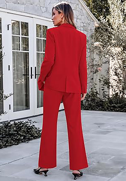 Red Women's 2 Piece Pant Suits, Business Casual Buttoned Blazer and High Waisted Bootcut Pants Set, 29" Inseam Professional Office Fall Teacher Outfits